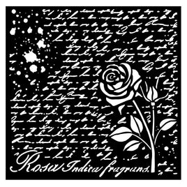 Rose Parfum Manuscript W/ Roses - Stamperia Stencil 7"X7"