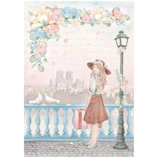 Oh La La - Girl With Suitcase - Stamperia Rice Paper Sheet A4
