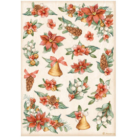 Poinsettia And Bells All Around Christmas - Stamperia Rice Paper Sheet A4