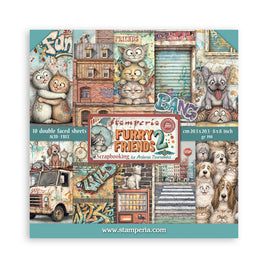 8”x8” (20.3x20.3 cm) Paper Pad 10 Double Sided Printed Sheets - Furry Friends 2